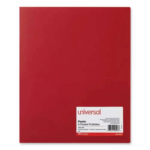 Universal® Two-Pocket Plastic Folders, 100-Sheet Capacity, 11 x 8.5, Red, 10/Pack