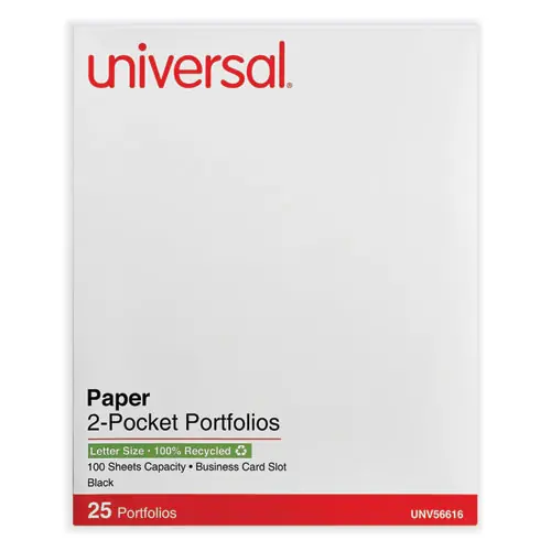 Universal® Two-Pocket Portfolio, Embossed Leather Grain Paper, Black, 25/Box