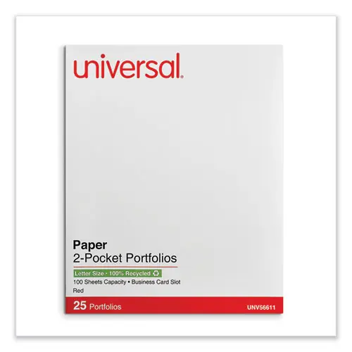 Universal® Two-Pocket Portfolio, Embossed Leather Grain Paper, Red, 25/Box