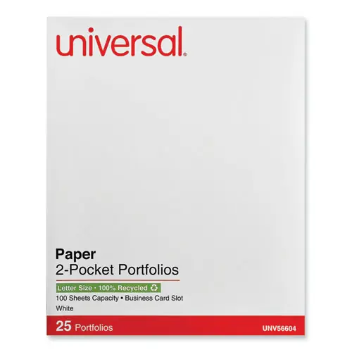 Universal® Two-Pocket Portfolio, Embossed Leather Grain Paper, 11 x 8.5, White, 25/Box