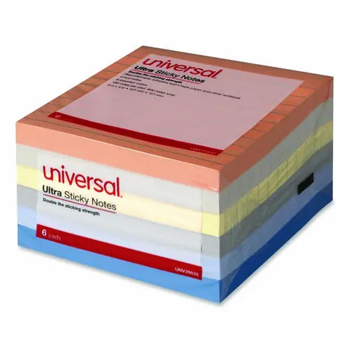 Universal® Ultra Sticky Note Pads, Note Ruled, 4" x 4", Assorted Colors, 100 Sheets/Pad, 6 Pads/Pack