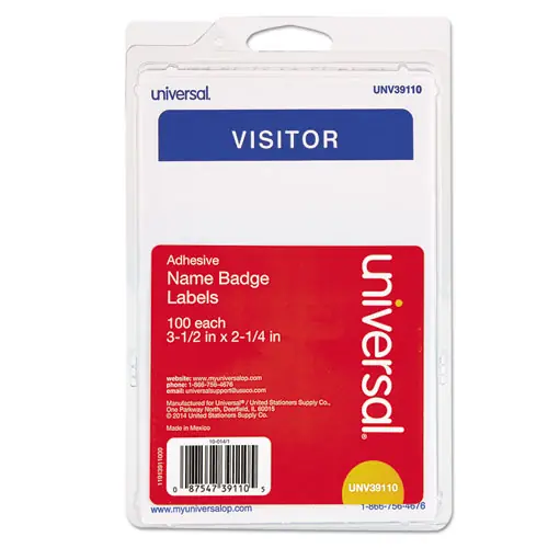 Universal® Visitor Self-Adhesive Name Badges, 3.5 x 2.25, White/Blue, 100/Pack