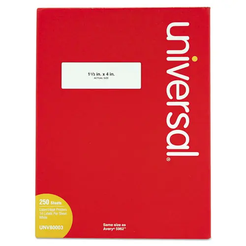 Universal® White Labels, Inkjet/Laser Printers, 1.33 x 4, White, 14/Sheet, 250 Sheets/Box