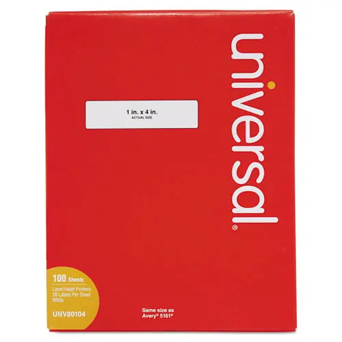 Universal® White Labels, 1 x 4, White, 20/Sheet, 100 Sheets/Box
