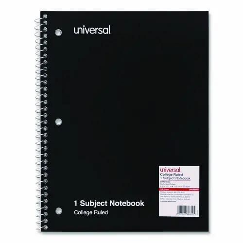 Universal® Wirebound Notebook, 1-Subject, Medium/College Rule, Black Cover, 100 Sheets, 11 x 8.5 inches