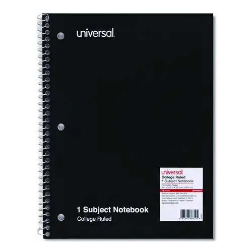 Universal® Wirebound Notebook, 1-Subject, Medium/College Rule, Black Cover, 70 Sheets, 10.5" x 8"
