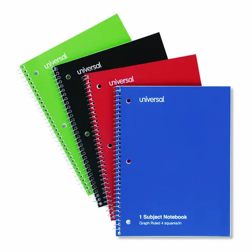 Universal® Wirebound Notebook, 1-Subject, Quadrille Rule, Assorted Colors, 70 Sheets, 10.5" x 8", 4/Pack
