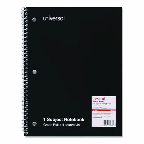 Universal® Wirebound Notebook, 1-Subject, Quadrille Rule, Black Cover, 70 Sheets, 10.5" x 8"