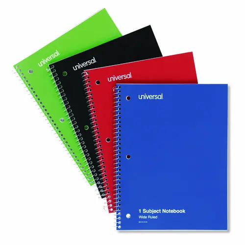 Universal® Wirebound Notebook, 1-Subject, Wide/Legal Rule, Assorted Cover Colors, 70 Sheets, 10.5 x 8, 4/Pack