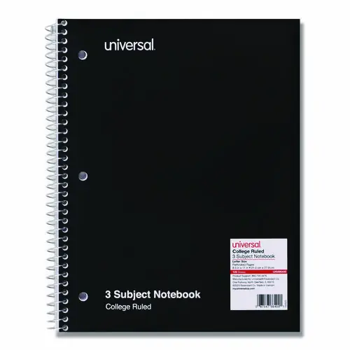 Universal® Wirebound Notebook, 3-Subject, Medium/College Rule, Black Cover, 120 Sheets, 11 x 8.5 inches