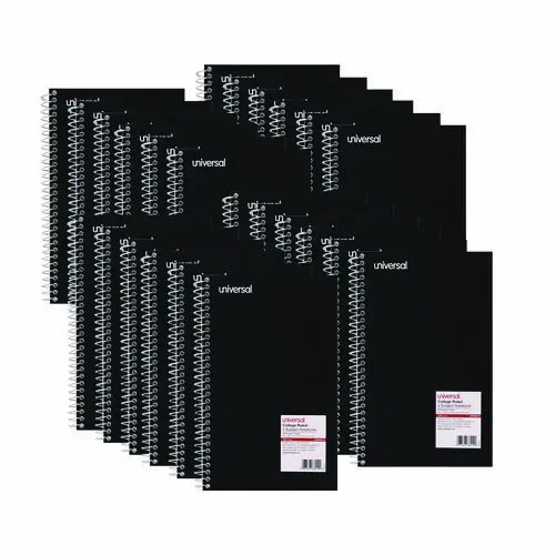 Universal® Wirebound Notebook, 3-Subject, Medium/College Rule, Black Cover, 9.5" x 6", 120 Sheets
