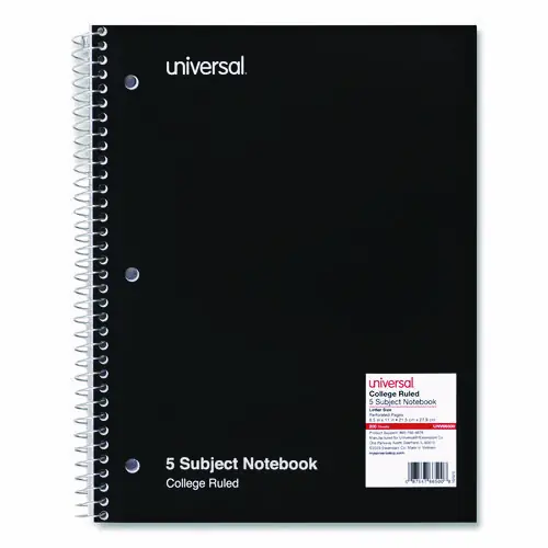Universal® Wirebound Notebook, 5-Subject, Medium/College Rule, Black Cover