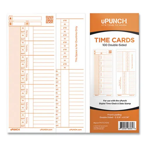 uPunch™ Time Card for PK1100 Time Clock, Two Sides, 3.38 x 8.25, 100/Pack