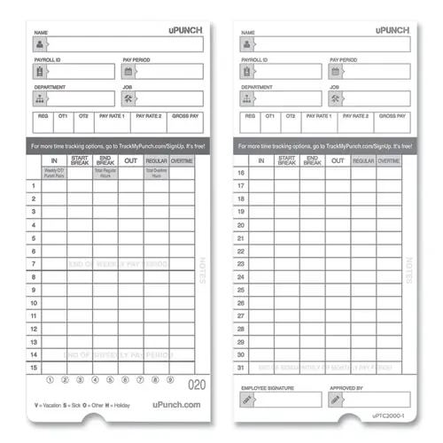 uPunch™ Time Clock Cards for uPunch HN4000, Two Sides, 7.37 x 3.37, 50/Pack