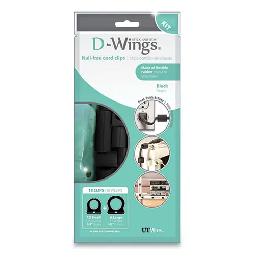 UT Wire® D-Wings Nail-Free Cord Clips, 12 Small 0.38", Six Large 0.5", Black, 18/Pack