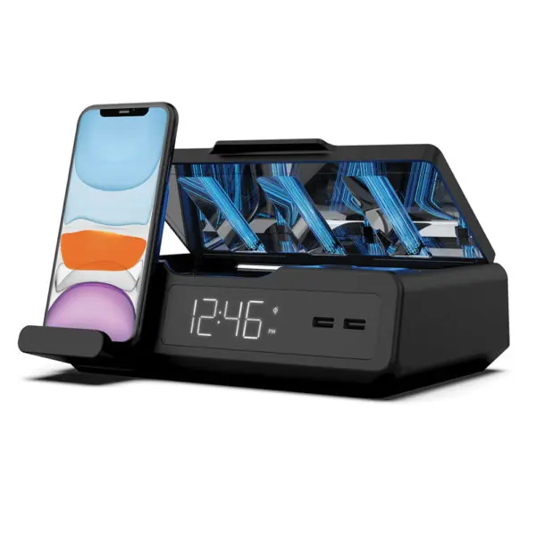 UV Station: UV Light Phone and Remote Sanitizer with clock, wireless charger and USB ports