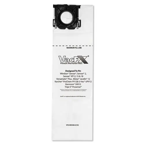 VacFX® Vacuum Filter Bags, Compatible with Allstar Javelin 12'' Series, Windsor Sensor S/S2/XP, Veramatic Plus, 100/Carton