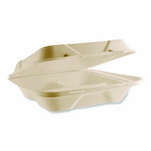 Vegware™ Nourish Molded Fiber Takeout Containers, Compostable, 3 Compartments, 5 x 9 x 2, White, Sugarcane, 200/Carton