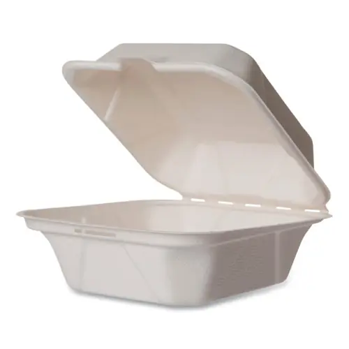 Vegware™ White Molded Fiber Clamshell Containers, Compostable, White, Sugarcane, 400/Carton