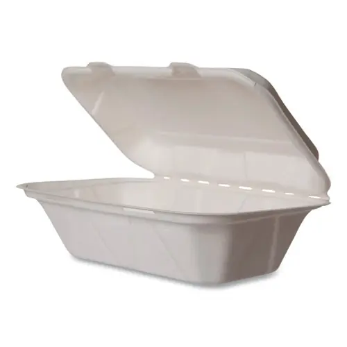 Vegware™ White Molded Fiber Clamshell Containers, Compostable, White, Sugarcane, 250/Carton