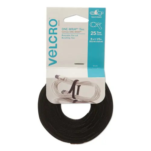 VELCRO® Brand ONE-WRAP Pre-Cut Thin Ties, 0.25" x 8", Black, 25/Pack