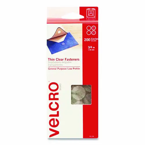 VELCRO® Brand Sticky-Back Fasteners, Complete Sets, 0.75" dia, Clear, 200/Pack