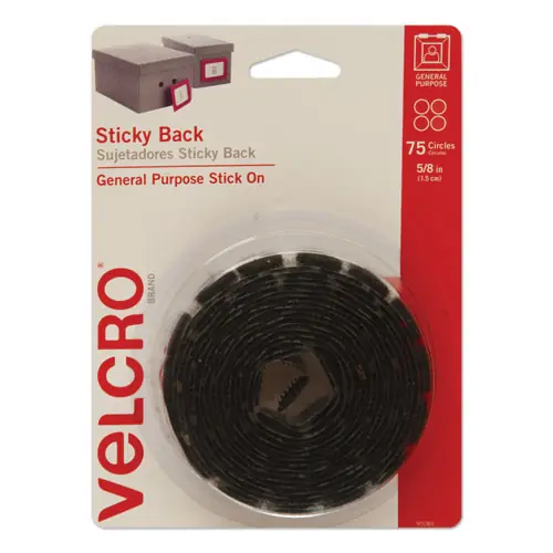 VELCRO® Brand Sticky-Back Fasteners, Removable Adhesive, 0.63" dia, Black, 75/Pack