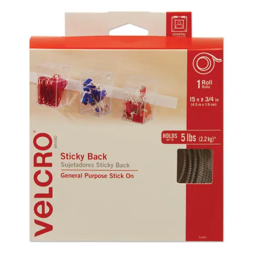 VELCRO® Brand Sticky-Back Fasteners with Dispenser, Removable Adhesive, 0.75" x 15 ft, White