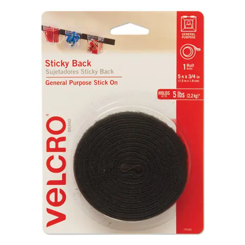 VELCRO® Brand Sticky-Back Fasteners with Dispenser, Removable Adhesive, Black, 0.75" x 5 ft