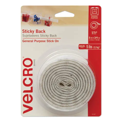 VELCRO® Brand Sticky-Back Fasteners with Dispenser, Removable Adhesive, White, 0.75" x 5 ft