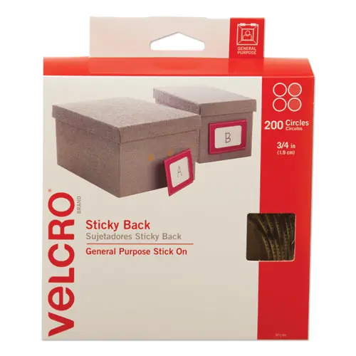 VELCRO® Brand Sticky-Back Fasteners with Dispenser Box, Removable Adhesive, 0.75" dia, Beige, 200/Roll