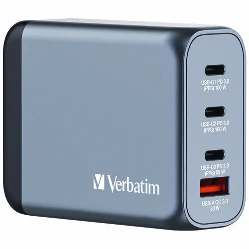 Verbatim® 100 W 4-Port GaN Wall Charger, Black/Gray