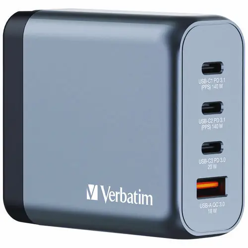 Verbatim® 140 W 4-Port GaN Wall Charger, Black/Gray