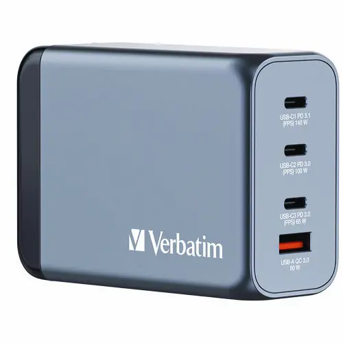 Verbatim® 240 W 4-Port GaN Wall Charger, Black/Gray