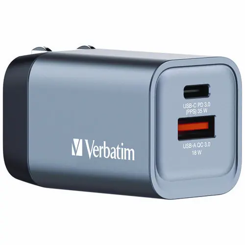 Verbatim® 35 W 2-Port GaN Wall Charger, Black/Gray