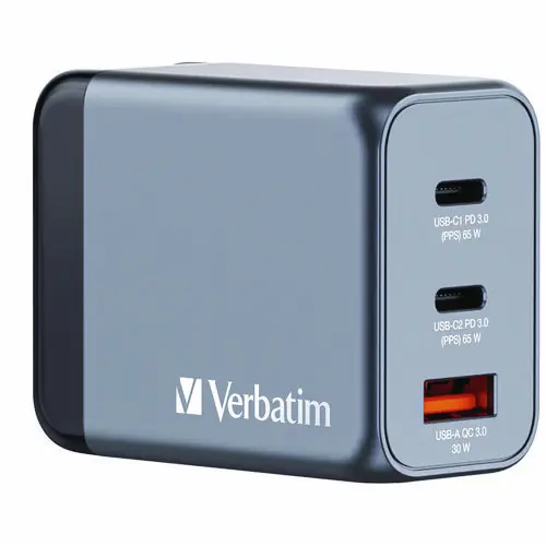 Verbatim® 65 W 3-Port GaN Wall Charger, Black/Gray