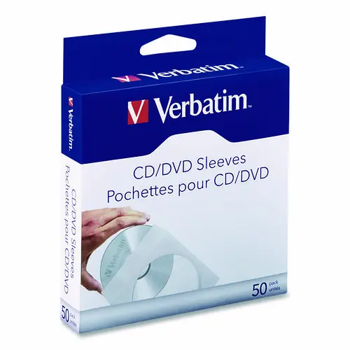 Verbatim® CD/DVD Sleeves, 1 Disc Capacity, Clear/White, 50/Box