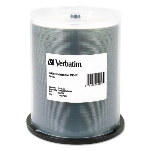 Verbatim® CD-R Printable Recordable Disc, 700 MB/80 min, 52x, Silver, 100 Pack