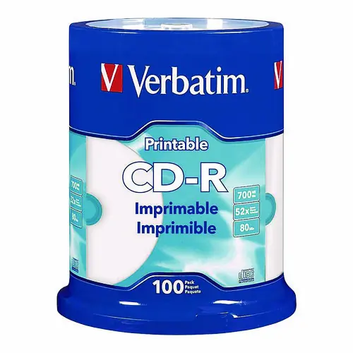 Verbatim® CD-R Printable Recordable Disc, 700 MB/80 min, 52x, Spindle, White, 100/Pack