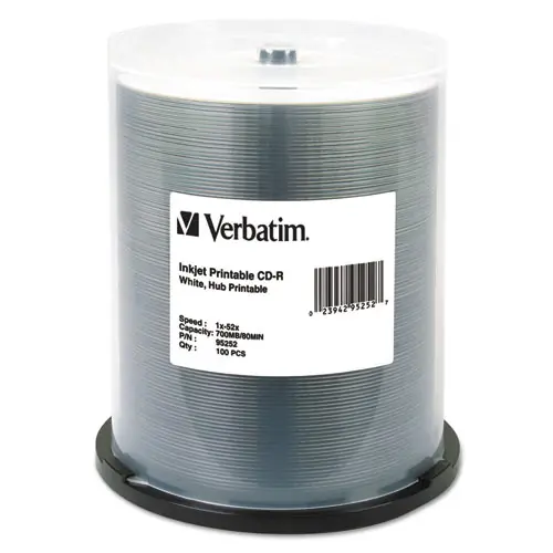 Verbatim® CD-R Printable Recordable Disc, 700 MB, 52x, Spindle, White, 100/Pack