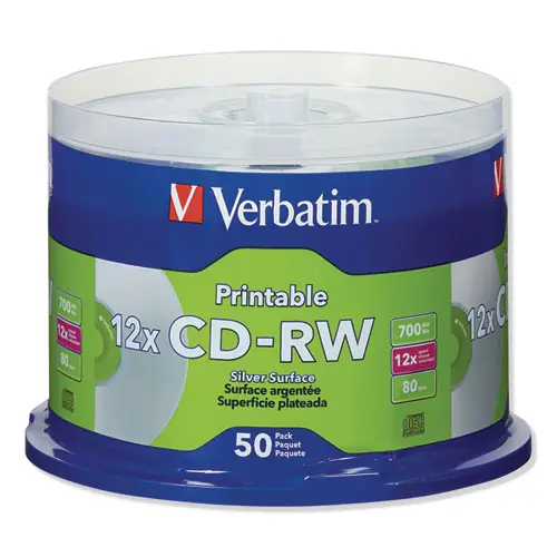 Verbatim® CD-RW DataLifePlus Printable Rewritable Disc, 700 MB/80 min, 12x, Spindle, Silver, 50/Pack