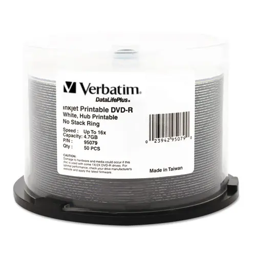 Verbatim® DVD-R DataLife Plus Printable Recordable Disc, 4.7 GB, 16x, Spindle, White, 50/Pack