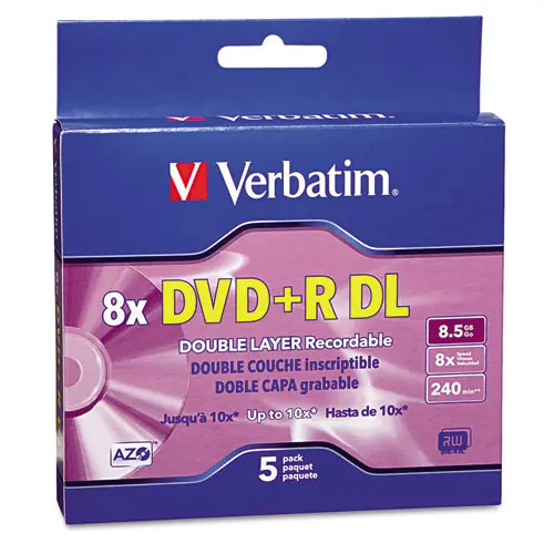 Verbatim® DVD+R Dual-Layer Recordable Disc, 8.5 GB, 8x, Jewel Case, Silver, 5/Pack