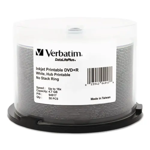 Verbatim® DVD+R Recordable Disc, 4.7 GB, 16x, Spindle, Hub Printable, White, 50/Pack