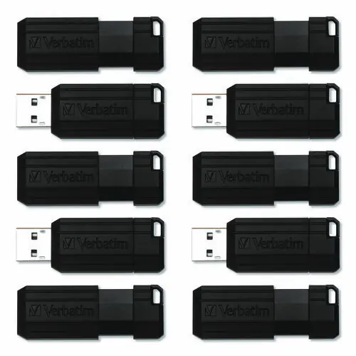 Verbatim® Pinstripe USB 2.0 Flash Drive, 64 GB, Black, 10/Pack