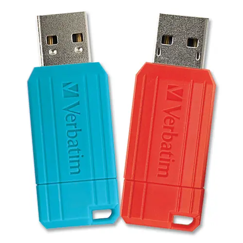 Verbatim® PinStripe USB 2.0 Flash Drive, 64 GB, Caribbean Blue/Red, 2/Pack