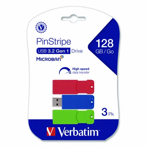 Verbatim® PinStripe USB 3.0 Flash Drive, 128 GB, Blue/Green/Red, 3/Pack