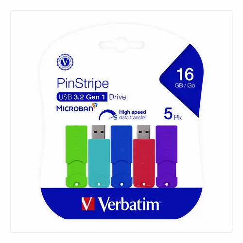 Verbatim® PinStripe USB 3.0 Flash Drive, 16 GB, Assorted Colors, 5/Pack