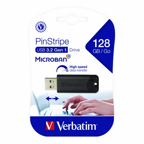 Verbatim® PinStripe USB 3.2 Flash Drive, 128 GB, Black