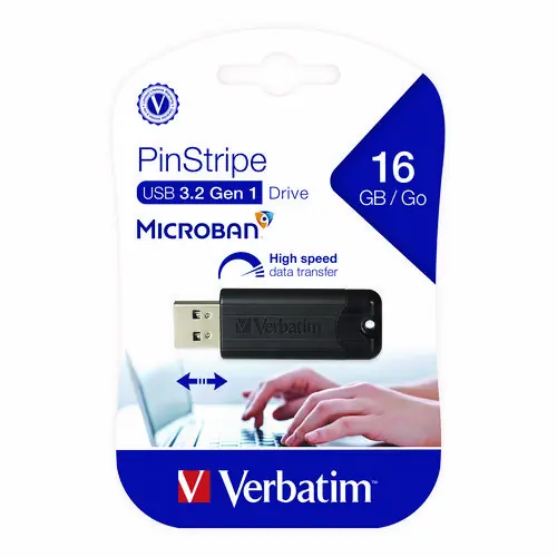 Verbatim® PinStripe USB 3.2 Flash Drive, 16 GB, Black